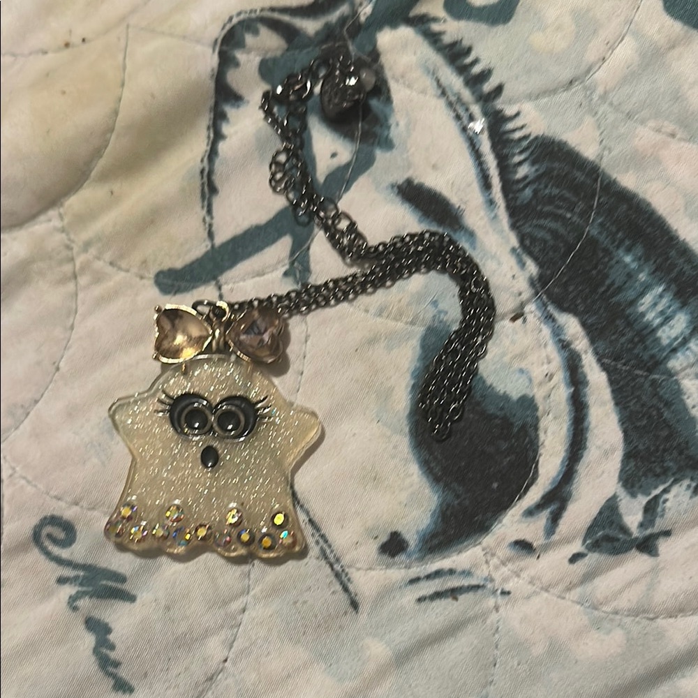 Betsey Johnson Glitter Ghost Necklace - Black and Silver